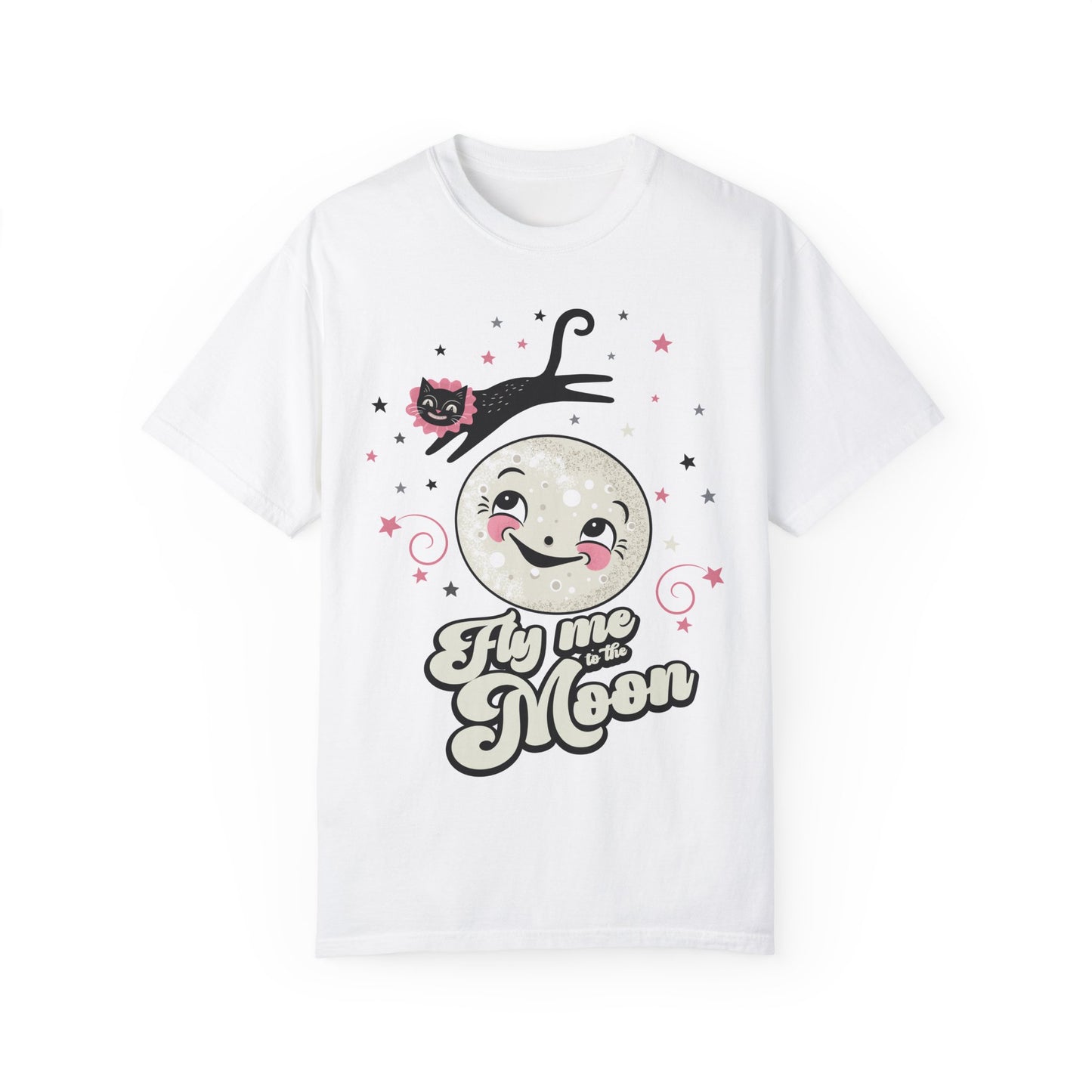 Fly Me to the Moon Unisex Garment-Dyed T-Shirt – Cute Cat & Moon Design