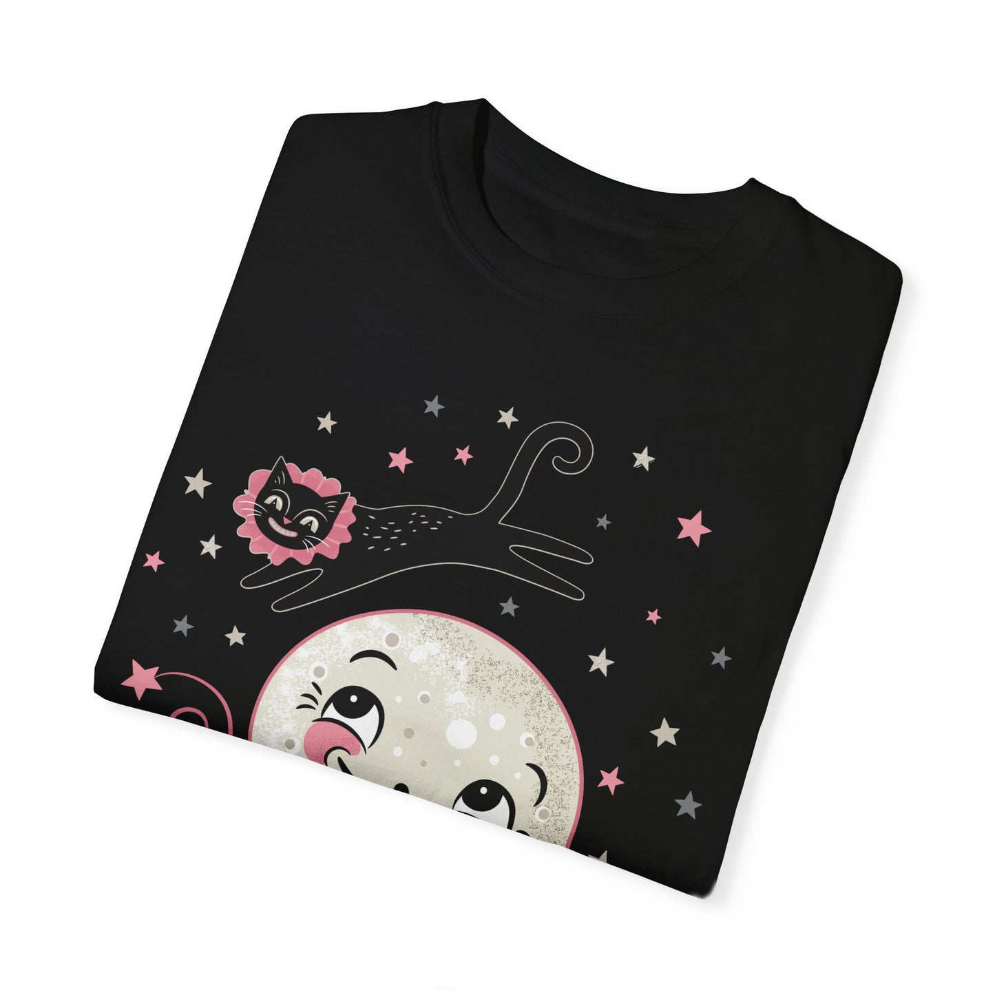 Fly Me to the Moon Unisex Garment-Dyed T-Shirt – Cute Cat & Moon Design