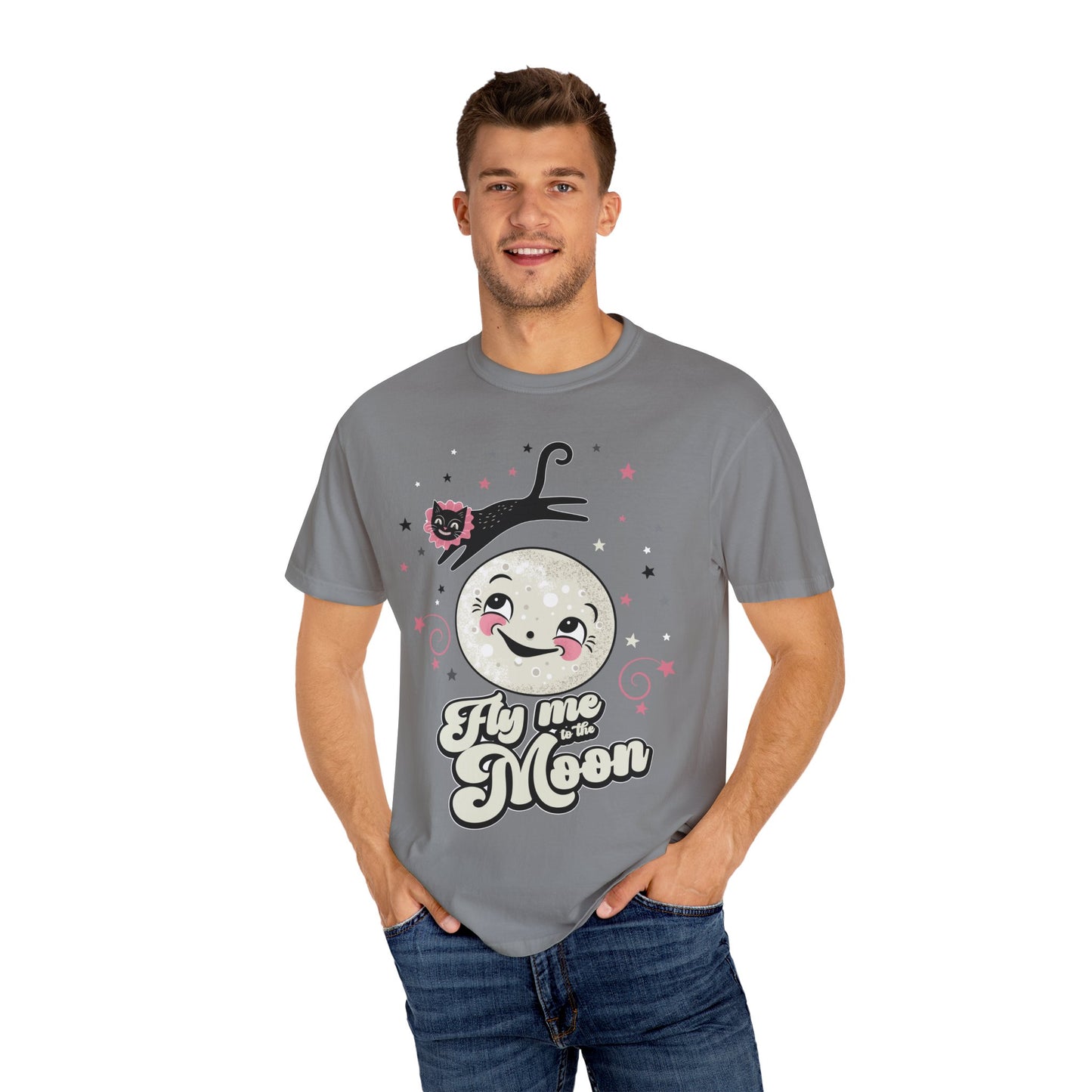 Fly Me to the Moon Unisex Garment-Dyed T-Shirt – Cute Cat & Moon Design