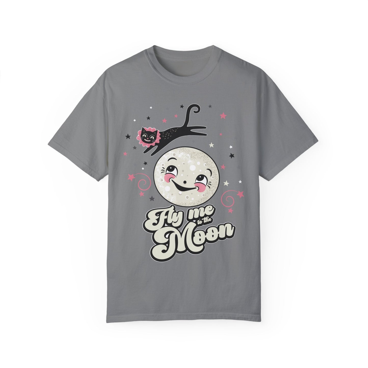 Fly Me to the Moon Unisex Garment-Dyed T-Shirt – Cute Cat & Moon Design