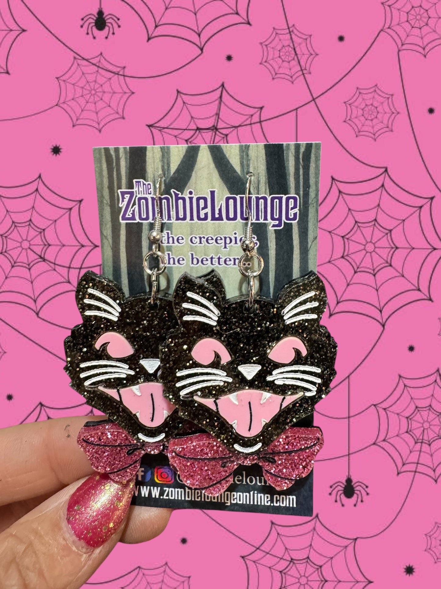 Vintage Glitter Black Cat Earrings