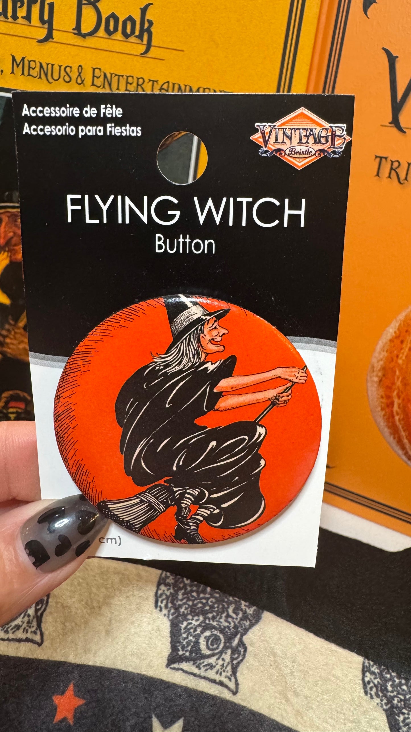 Vintage Flying Witch Button